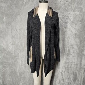 Honeyme Charcoal Grey Plaid Lined Hooded Cardigan Sweater Size L Stretchy